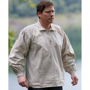 Mytholon Men Large Beige Cotton Canvas Medieval Lace Up Tunic LARP Pirate Shirt